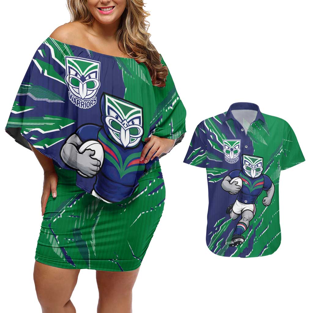 Personalized New Zealand Warriors Couples Matching Off Shoulder Short Dress and Hawaiian Shirt Dynamic Lightning Mascot Rugby Australia