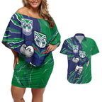 Personalized New Zealand Warriors Couples Matching Off Shoulder Short Dress and Hawaiian Shirt Dynamic Lightning Mascot Rugby Australia