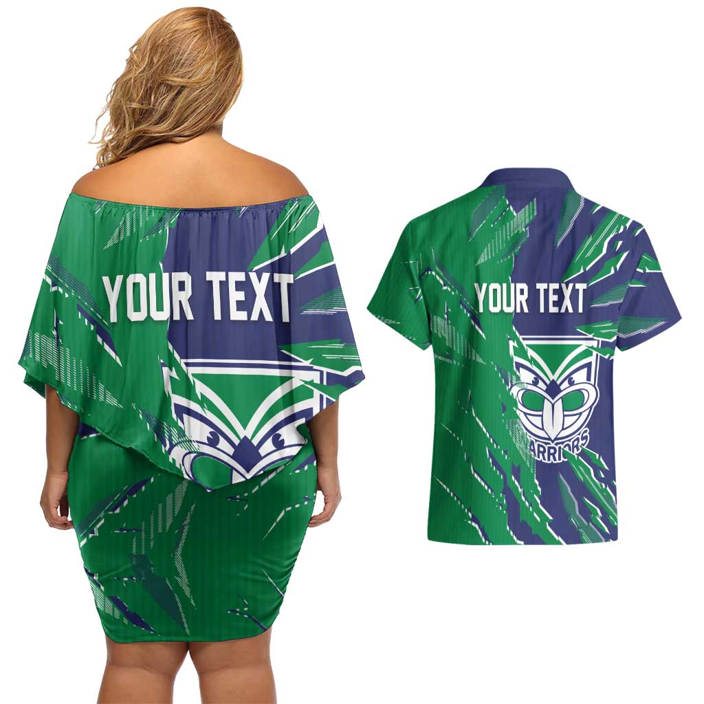 Personalized New Zealand Warriors Couples Matching Off Shoulder Short Dress and Hawaiian Shirt Dynamic Lightning Mascot Rugby Australia