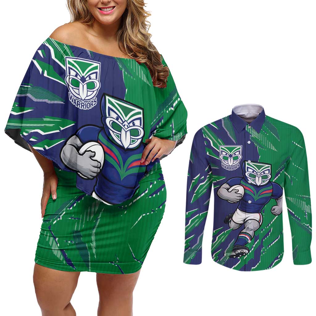 Personalized New Zealand Warriors Couples Matching Off Shoulder Short Dress and Long Sleeve Button Shirt Dynamic Lightning Mascot Rugby Australia