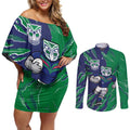 Personalized New Zealand Warriors Couples Matching Off Shoulder Short Dress and Long Sleeve Button Shirt Dynamic Lightning Mascot Rugby Australia