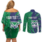 Personalized New Zealand Warriors Couples Matching Off Shoulder Short Dress and Long Sleeve Button Shirt Dynamic Lightning Mascot Rugby Australia