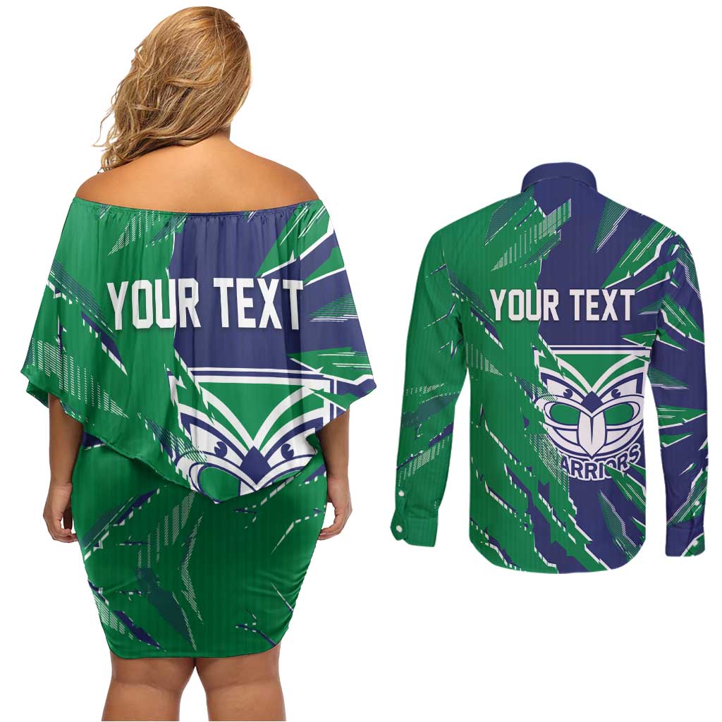 Personalized New Zealand Warriors Couples Matching Off Shoulder Short Dress and Long Sleeve Button Shirt Dynamic Lightning Mascot Rugby Australia