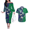 Personalized New Zealand Warriors Couples Matching Off The Shoulder Long Sleeve Dress and Hawaiian Shirt Dynamic Lightning Mascot Rugby Australia