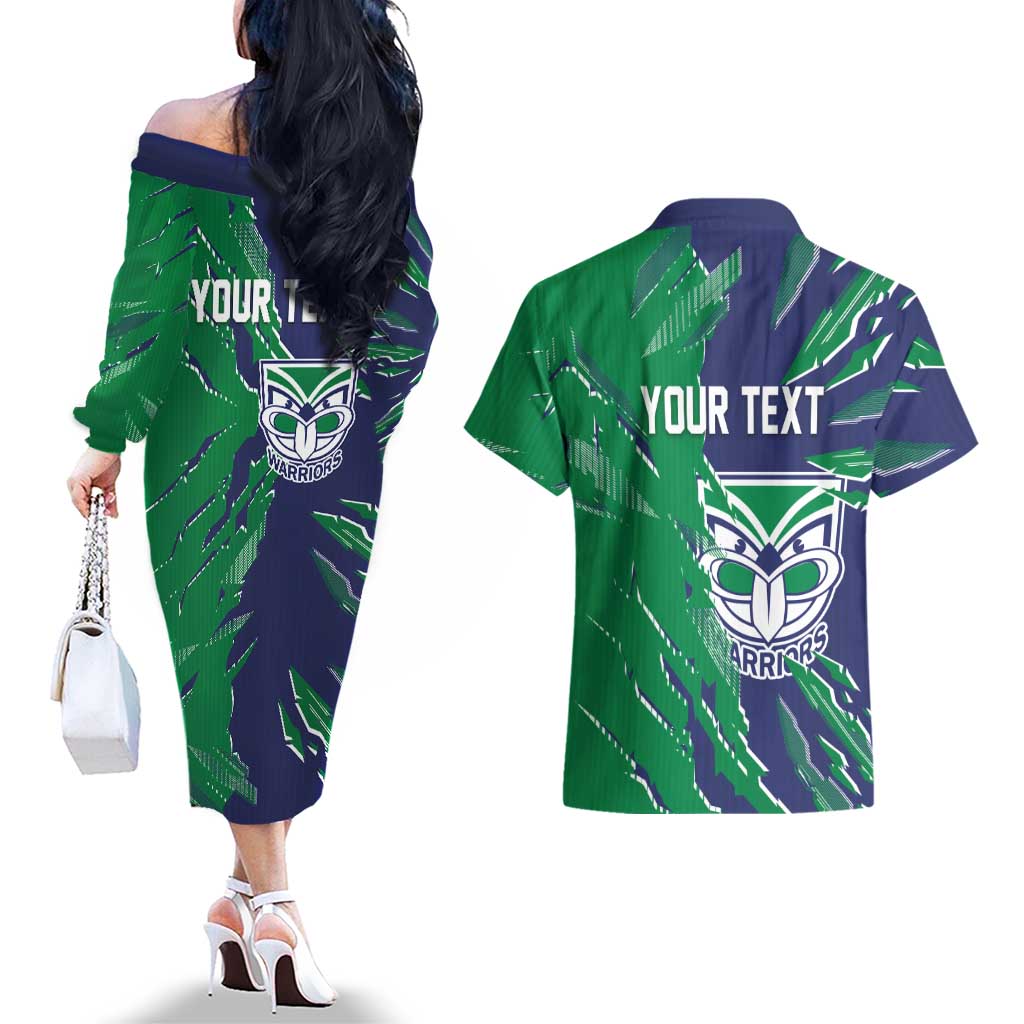 Personalized New Zealand Warriors Couples Matching Off The Shoulder Long Sleeve Dress and Hawaiian Shirt Dynamic Lightning Mascot Rugby Australia