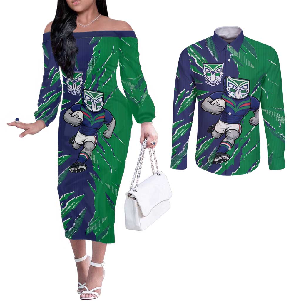 Personalized New Zealand Warriors Couples Matching Off The Shoulder Long Sleeve Dress and Long Sleeve Button Shirt Dynamic Lightning Mascot Rugby Australia