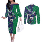 Personalized New Zealand Warriors Couples Matching Off The Shoulder Long Sleeve Dress and Long Sleeve Button Shirt Dynamic Lightning Mascot Rugby Australia