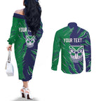 Personalized New Zealand Warriors Couples Matching Off The Shoulder Long Sleeve Dress and Long Sleeve Button Shirt Dynamic Lightning Mascot Rugby Australia