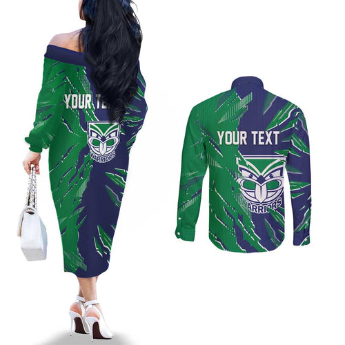 Personalized New Zealand Warriors Couples Matching Off The Shoulder Long Sleeve Dress and Long Sleeve Button Shirt Dynamic Lightning Mascot Rugby Australia