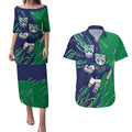 Personalized New Zealand Warriors Couples Matching Puletasi and Hawaiian Shirt Dynamic Lightning Mascot Rugby Australia