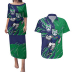 Personalized New Zealand Warriors Couples Matching Puletasi and Hawaiian Shirt Dynamic Lightning Mascot Rugby Australia