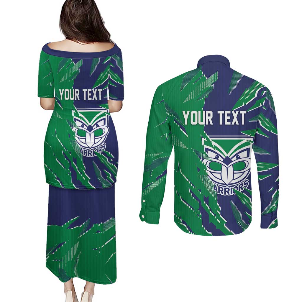 Personalized New Zealand Warriors Couples Matching Puletasi and Long Sleeve Button Shirt Dynamic Lightning Mascot Rugby Australia