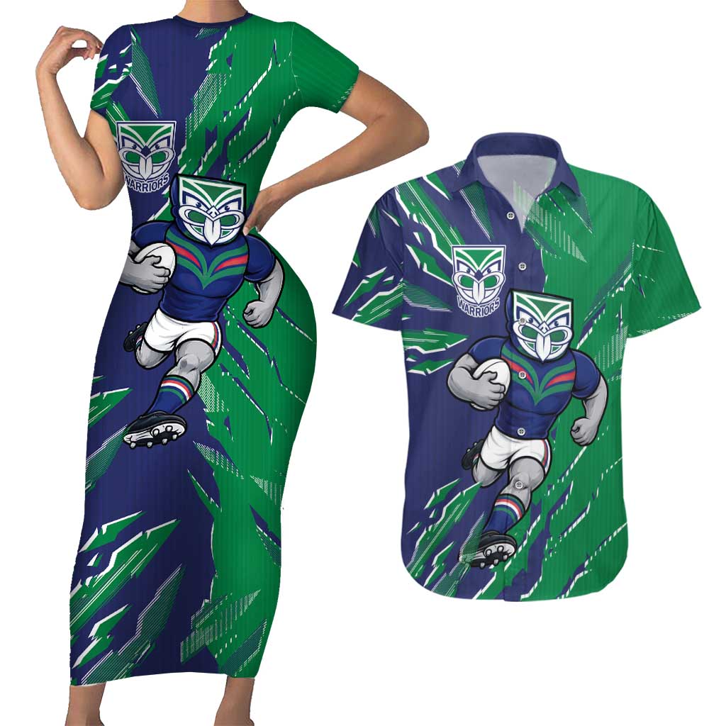 Personalized New Zealand Warriors Couples Matching Short Sleeve Bodycon Dress and Hawaiian Shirt Dynamic Lightning Mascot Rugby Australia