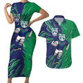 Personalized New Zealand Warriors Couples Matching Short Sleeve Bodycon Dress and Hawaiian Shirt Dynamic Lightning Mascot Rugby Australia