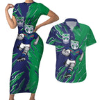 Personalized New Zealand Warriors Couples Matching Short Sleeve Bodycon Dress and Hawaiian Shirt Dynamic Lightning Mascot Rugby Australia