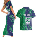 Personalized New Zealand Warriors Couples Matching Short Sleeve Bodycon Dress and Hawaiian Shirt Dynamic Lightning Mascot Rugby Australia