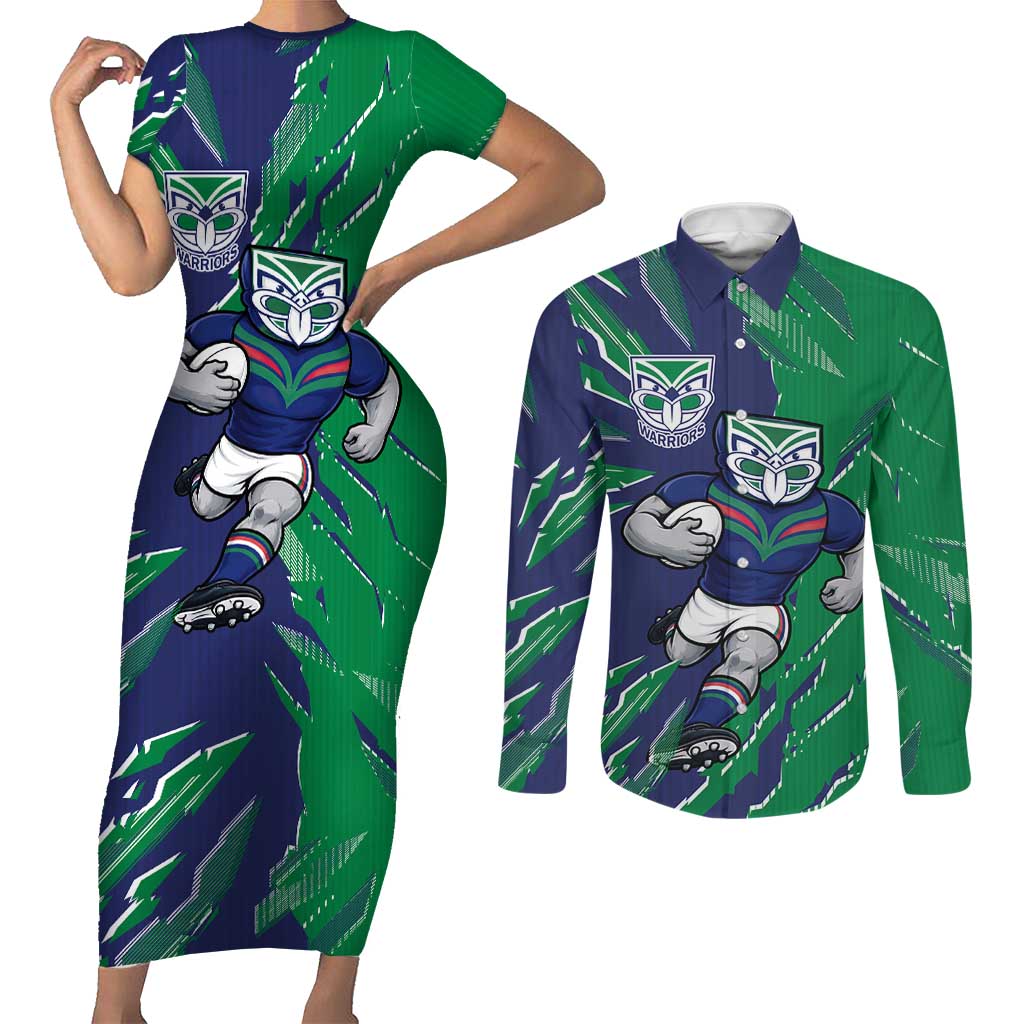 Personalized New Zealand Warriors Couples Matching Short Sleeve Bodycon Dress and Long Sleeve Button Shirt Dynamic Lightning Mascot Rugby Australia