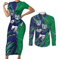 Personalized New Zealand Warriors Couples Matching Short Sleeve Bodycon Dress and Long Sleeve Button Shirt Dynamic Lightning Mascot Rugby Australia
