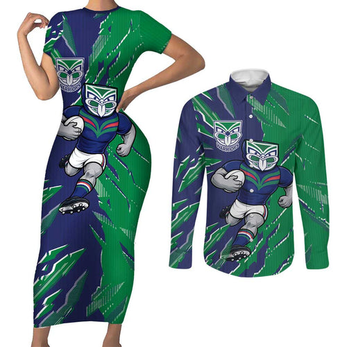 Personalized New Zealand Warriors Couples Matching Short Sleeve Bodycon Dress and Long Sleeve Button Shirt Dynamic Lightning Mascot Rugby Australia