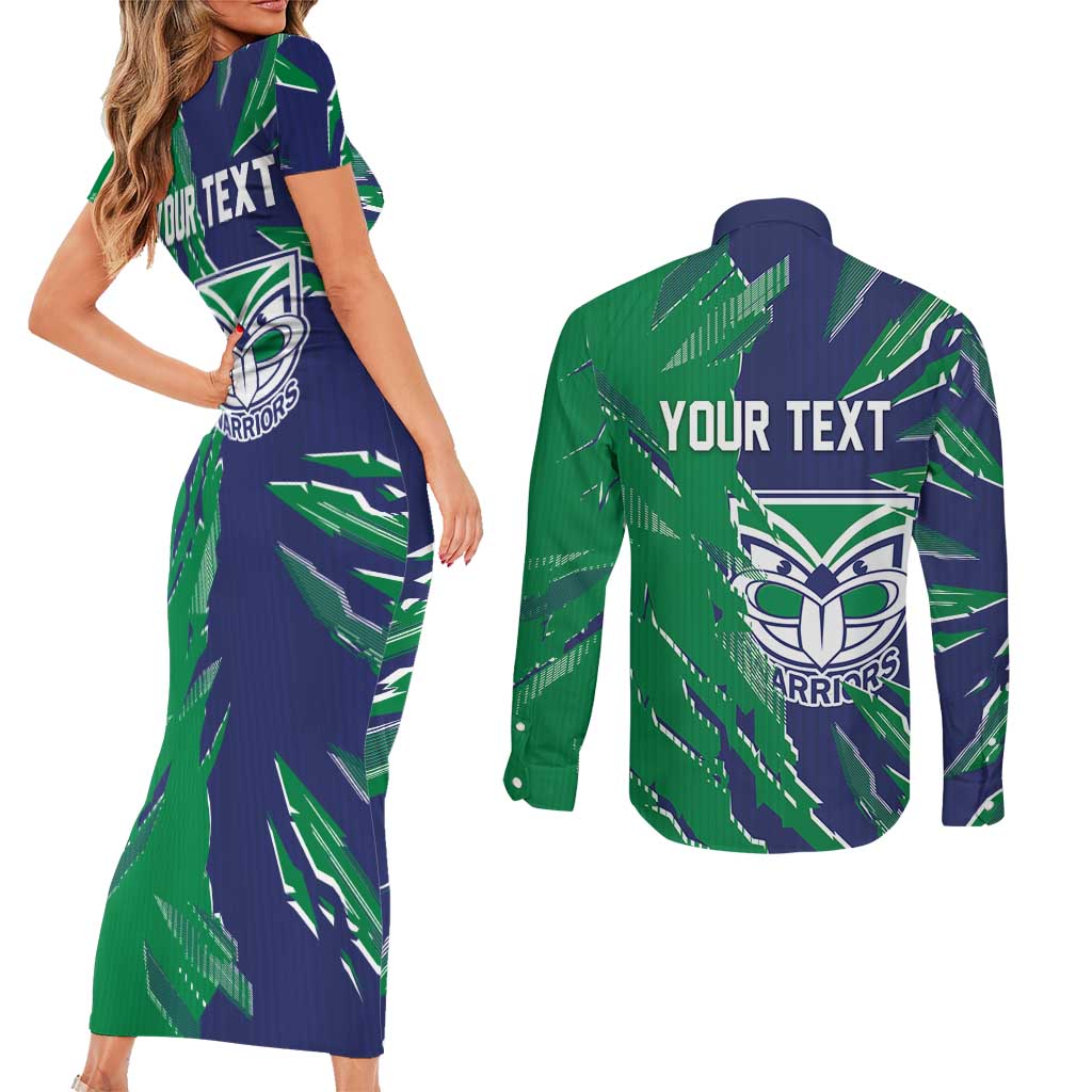 Personalized New Zealand Warriors Couples Matching Short Sleeve Bodycon Dress and Long Sleeve Button Shirt Dynamic Lightning Mascot Rugby Australia
