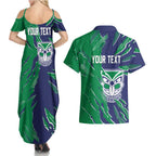 Personalized New Zealand Warriors Couples Matching Summer Maxi Dress and Hawaiian Shirt Dynamic Lightning Mascot Rugby Australia