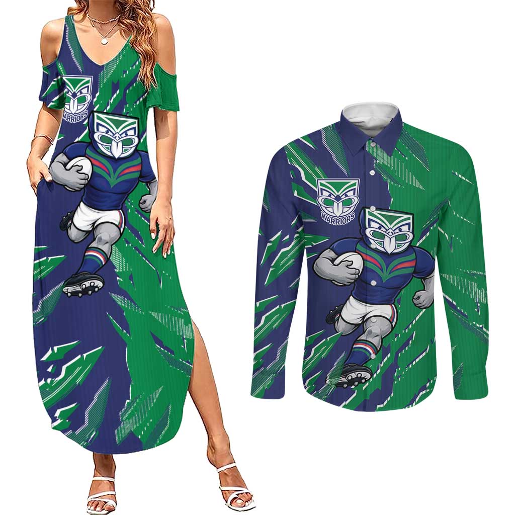 Personalized New Zealand Warriors Couples Matching Summer Maxi Dress and Long Sleeve Button Shirt Dynamic Lightning Mascot Rugby Australia