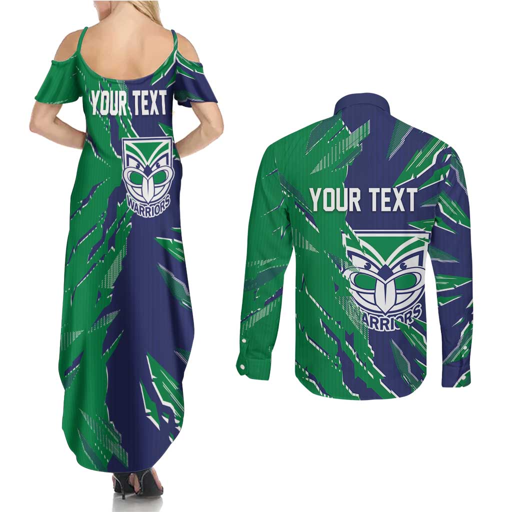 Personalized New Zealand Warriors Couples Matching Summer Maxi Dress and Long Sleeve Button Shirt Dynamic Lightning Mascot Rugby Australia