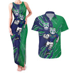 Personalized New Zealand Warriors Couples Matching Tank Maxi Dress and Hawaiian Shirt Dynamic Lightning Mascot Rugby Australia