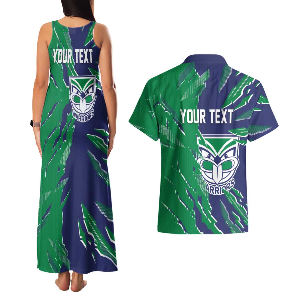 Personalized New Zealand Warriors Couples Matching Tank Maxi Dress and Hawaiian Shirt Dynamic Lightning Mascot Rugby Australia