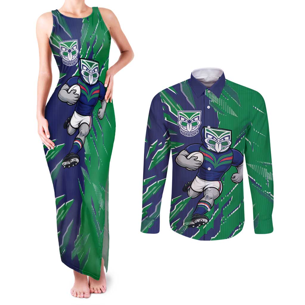 Personalized New Zealand Warriors Couples Matching Tank Maxi Dress and Long Sleeve Button Shirt Dynamic Lightning Mascot Rugby Australia