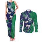 Personalized New Zealand Warriors Couples Matching Tank Maxi Dress and Long Sleeve Button Shirt Dynamic Lightning Mascot Rugby Australia