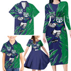Personalized New Zealand Warriors Family Matching Long Sleeve Bodycon Dress and Hawaiian Shirt Dynamic Lightning Mascot Rugby Australia
