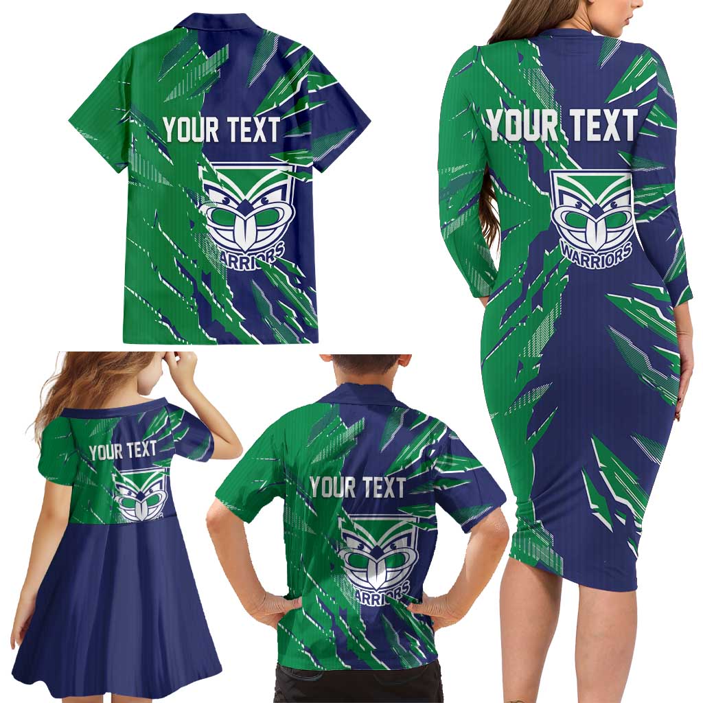 Personalized New Zealand Warriors Family Matching Long Sleeve Bodycon Dress and Hawaiian Shirt Dynamic Lightning Mascot Rugby Australia