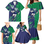 Personalized New Zealand Warriors Family Matching Mermaid Dress and Hawaiian Shirt Dynamic Lightning Mascot Rugby Australia