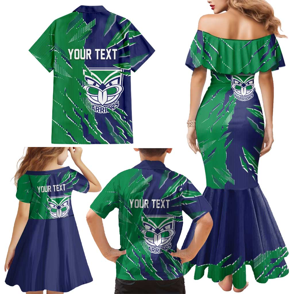 Personalized New Zealand Warriors Family Matching Mermaid Dress and Hawaiian Shirt Dynamic Lightning Mascot Rugby Australia