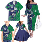 Personalized New Zealand Warriors Family Matching Off The Shoulder Long Sleeve Dress and Hawaiian Shirt Dynamic Lightning Mascot Rugby Australia