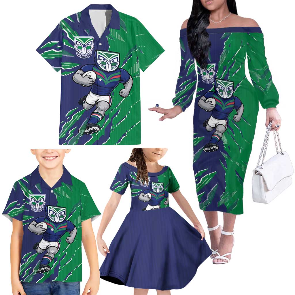 Personalized New Zealand Warriors Family Matching Off The Shoulder Long Sleeve Dress and Hawaiian Shirt Dynamic Lightning Mascot Rugby Australia