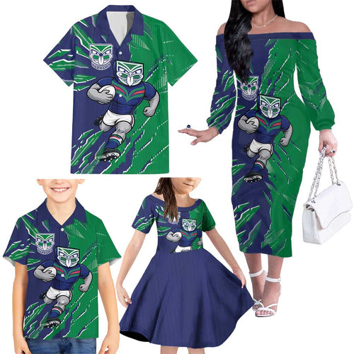 Personalized New Zealand Warriors Family Matching Off The Shoulder Long Sleeve Dress and Hawaiian Shirt Dynamic Lightning Mascot Rugby Australia