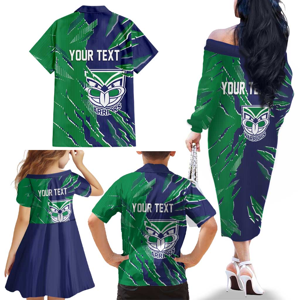 Personalized New Zealand Warriors Family Matching Off The Shoulder Long Sleeve Dress and Hawaiian Shirt Dynamic Lightning Mascot Rugby Australia