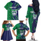 Personalized New Zealand Warriors Family Matching Off The Shoulder Long Sleeve Dress and Hawaiian Shirt Dynamic Lightning Mascot Rugby Australia