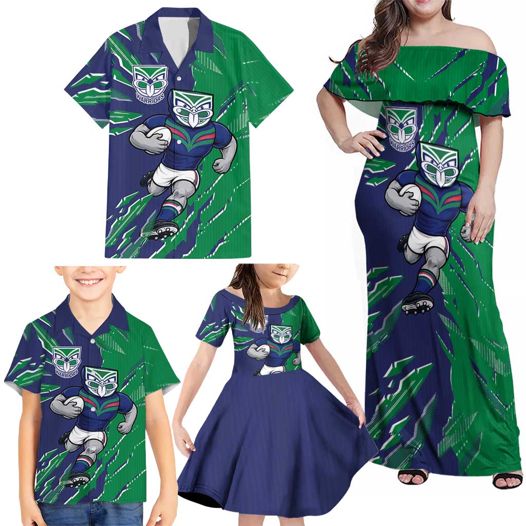 Personalized New Zealand Warriors Family Matching Off Shoulder Maxi Dress and Hawaiian Shirt Dynamic Lightning Mascot Rugby Australia