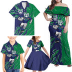 Personalized New Zealand Warriors Family Matching Off Shoulder Maxi Dress and Hawaiian Shirt Dynamic Lightning Mascot Rugby Australia