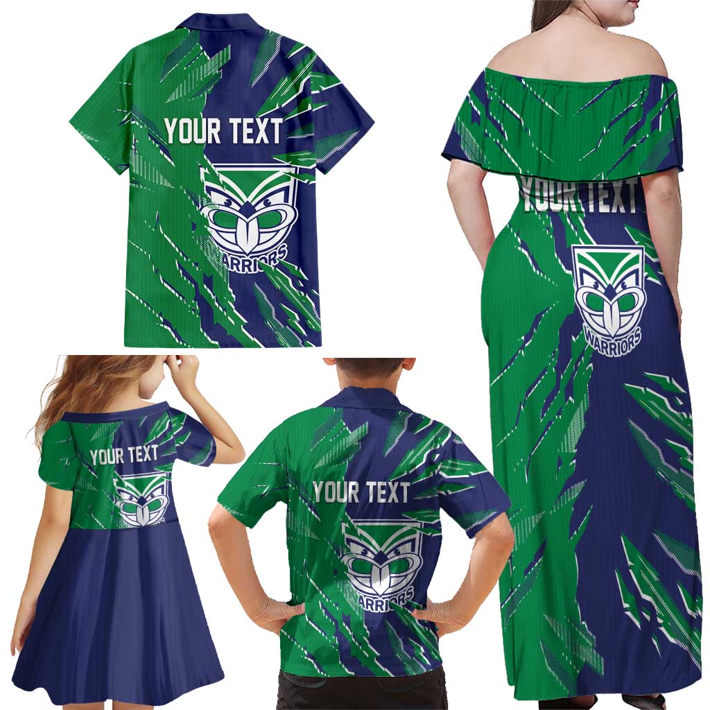 Personalized New Zealand Warriors Family Matching Off Shoulder Maxi Dress and Hawaiian Shirt Dynamic Lightning Mascot Rugby Australia