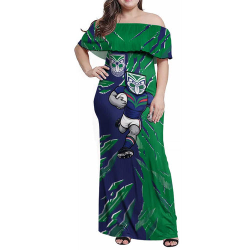 Personalized New Zealand Warriors Family Matching Off Shoulder Maxi Dress and Hawaiian Shirt Dynamic Lightning Mascot Rugby Australia