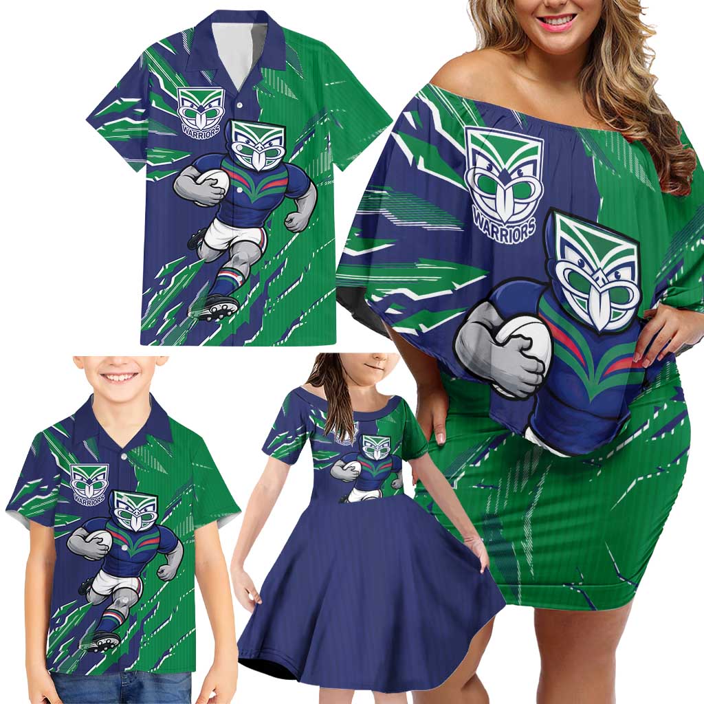 Personalized New Zealand Warriors Family Matching Off Shoulder Short Dress and Hawaiian Shirt Dynamic Lightning Mascot Rugby Australia