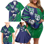 Personalized New Zealand Warriors Family Matching Off Shoulder Short Dress and Hawaiian Shirt Dynamic Lightning Mascot Rugby Australia