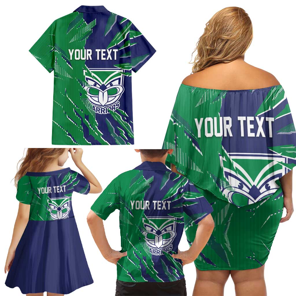 Personalized New Zealand Warriors Family Matching Off Shoulder Short Dress and Hawaiian Shirt Dynamic Lightning Mascot Rugby Australia