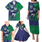 Personalized New Zealand Warriors Family Matching Puletasi and Hawaiian Shirt Dynamic Lightning Mascot Rugby Australia