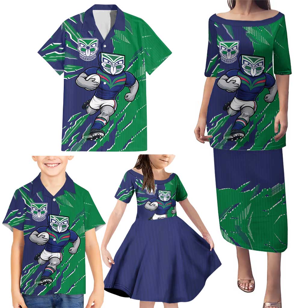 Personalized New Zealand Warriors Family Matching Puletasi and Hawaiian Shirt Dynamic Lightning Mascot Rugby Australia