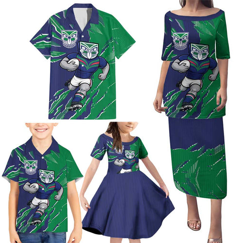 Personalized New Zealand Warriors Family Matching Puletasi and Hawaiian Shirt Dynamic Lightning Mascot Rugby Australia